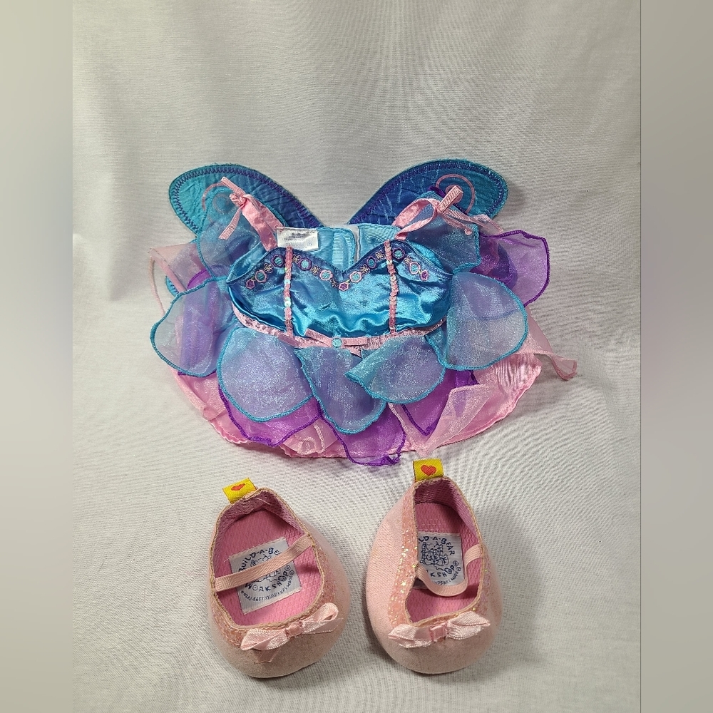 Build a Bear Blue Pink Purple Dress with Butterfly Wings and pink shoes